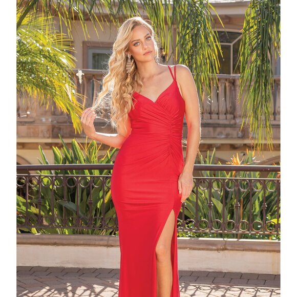 New Sheath Ruched Solid Bridesmaid Dress w/ Lace Up Back & Leg Slit DQ 4283 - Picture 3 of 9